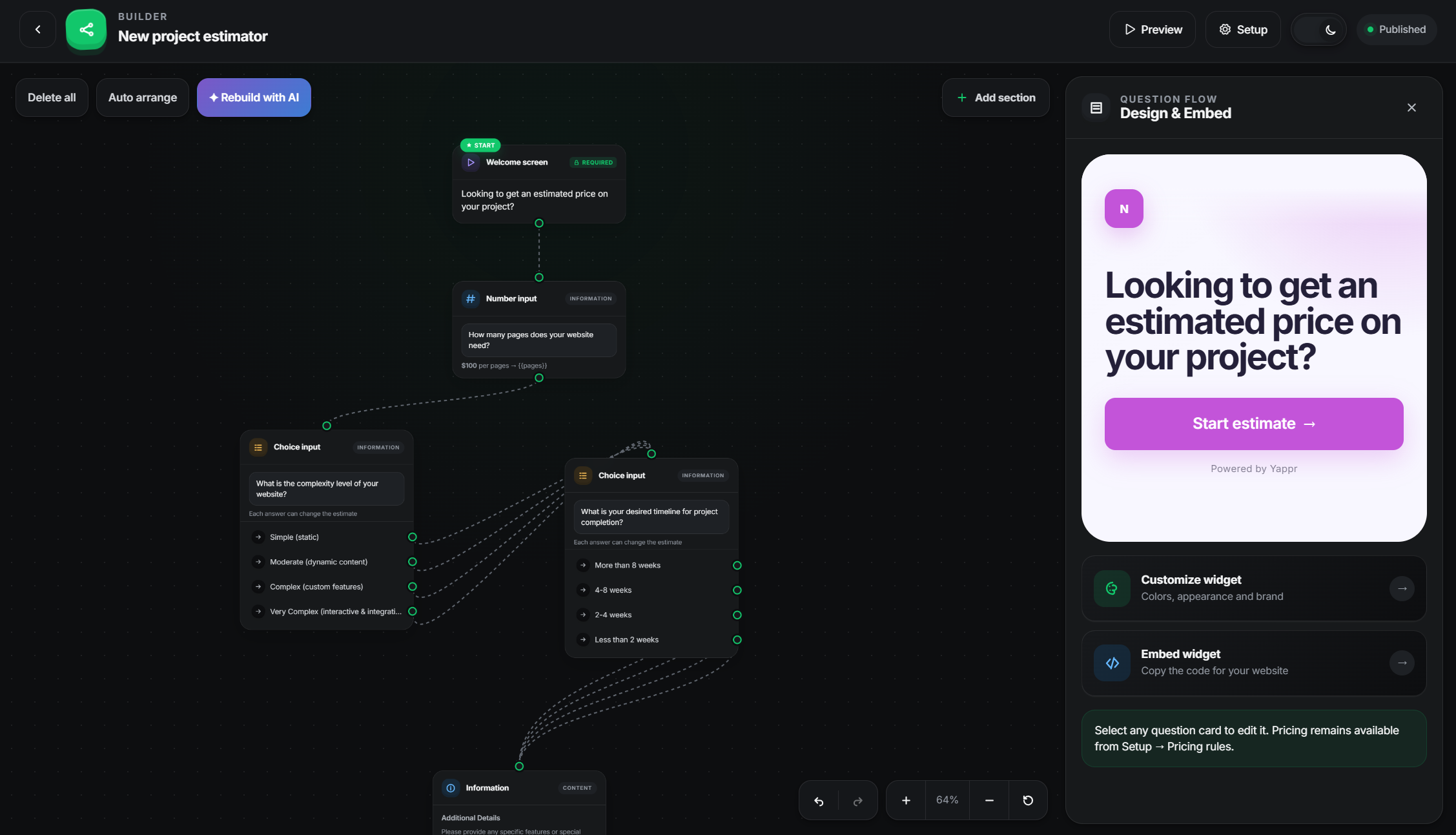 Visual estimate flow builder with a live widget preview